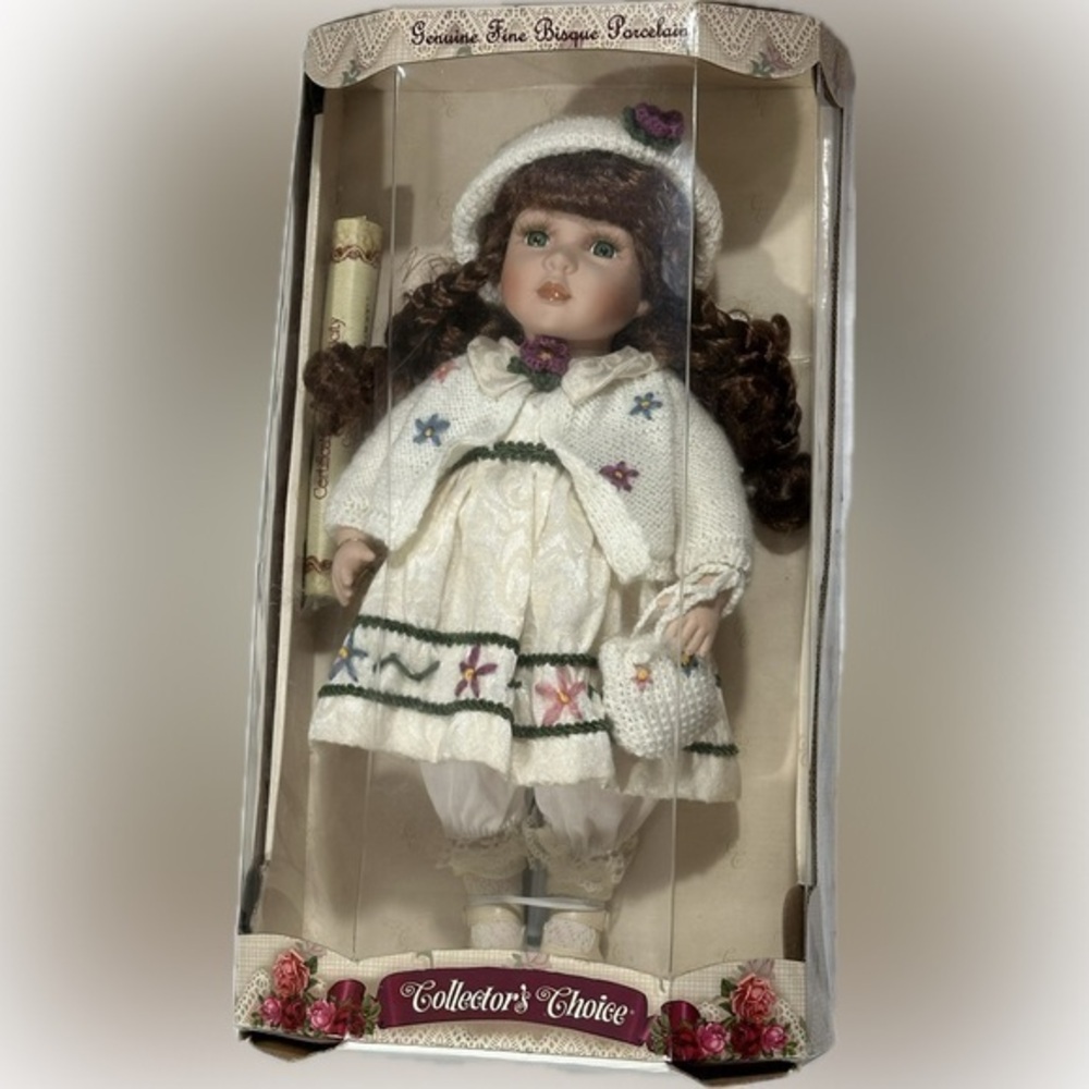 Collector's Choice Bisquie Porcelain Doll w/red hair and knit sweater,hat,Purse.